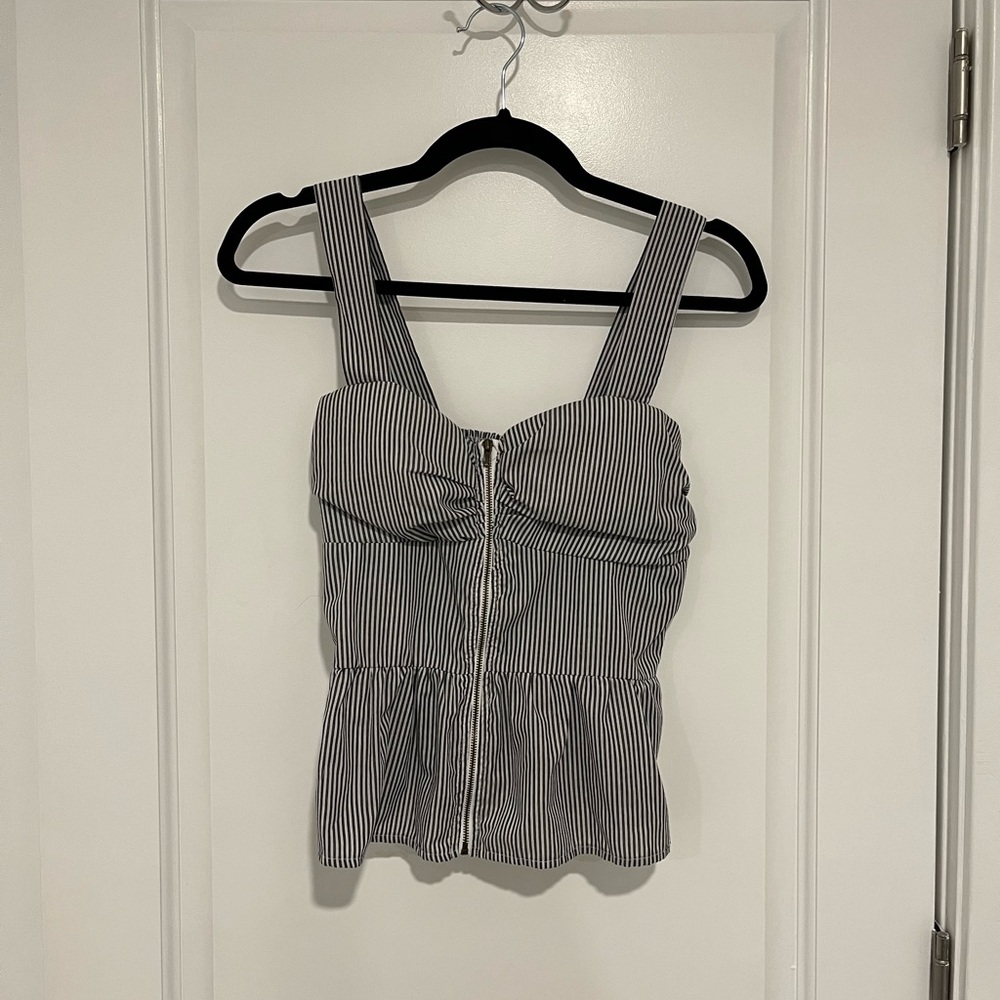 Grey and white striped top with zipper